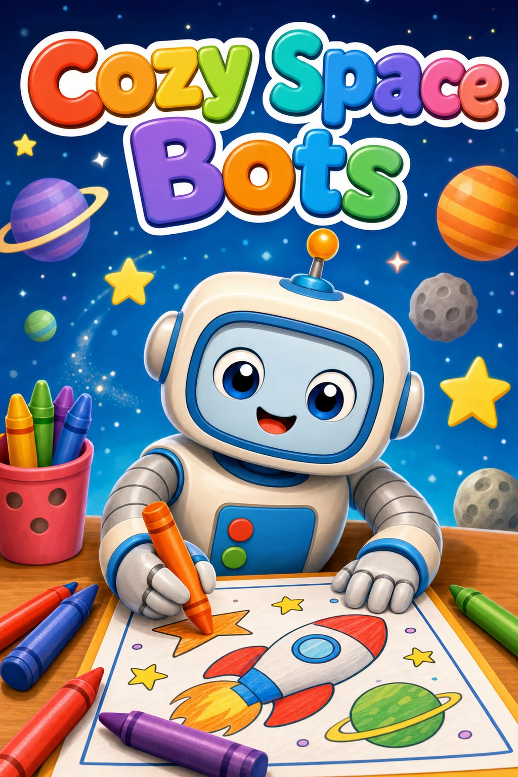 Cover of Cozy Space Bots, a free printable coloring book for children