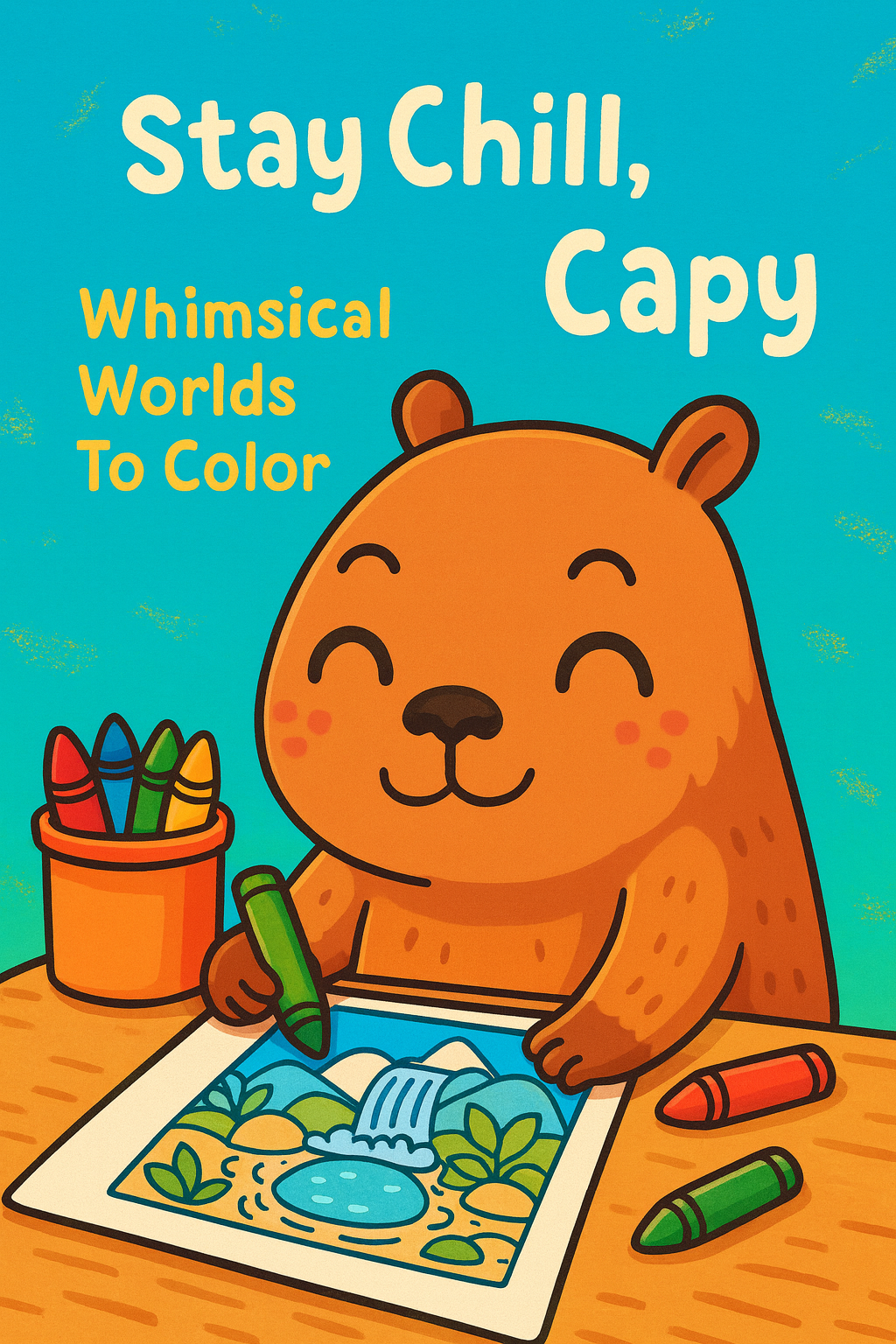 Cover of Stay Chill, Capy: Whimsical Worlds to Color, a free printable coloring book for ages 5-8