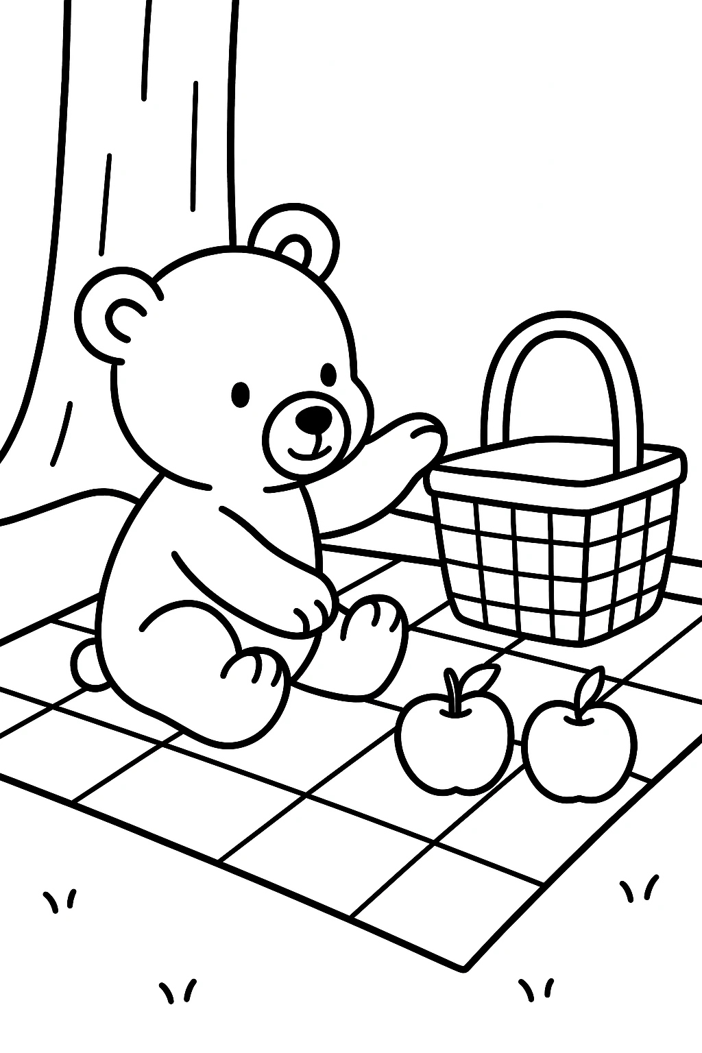 A baby bear sitting on a picnic blanket, reaching for a basket with two apples beside it and a tree trunk behi — printable coloring page