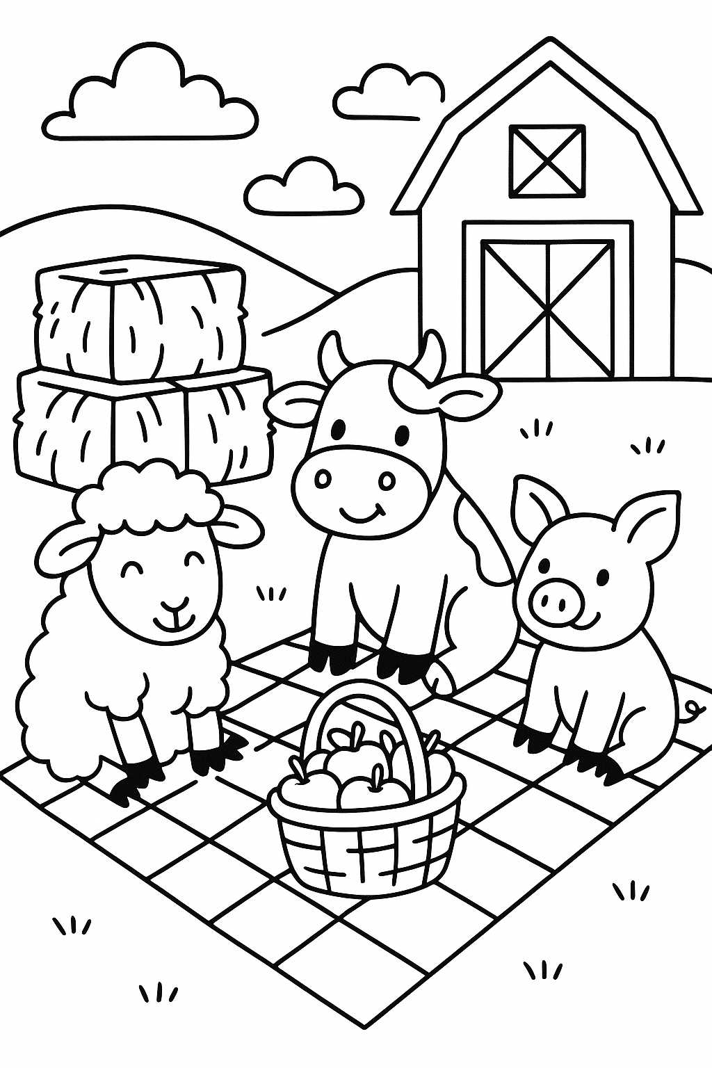 A barnyard picnic scene with a sheep, cow, and piglet sitting around a blanket near hay bales and a basket of — printable coloring page