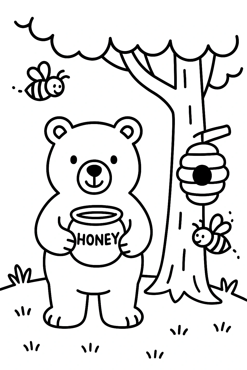 A bear holding a honey pot while standing under a tree, with two buzzing bees and a small beehive hanging near — printable coloring page