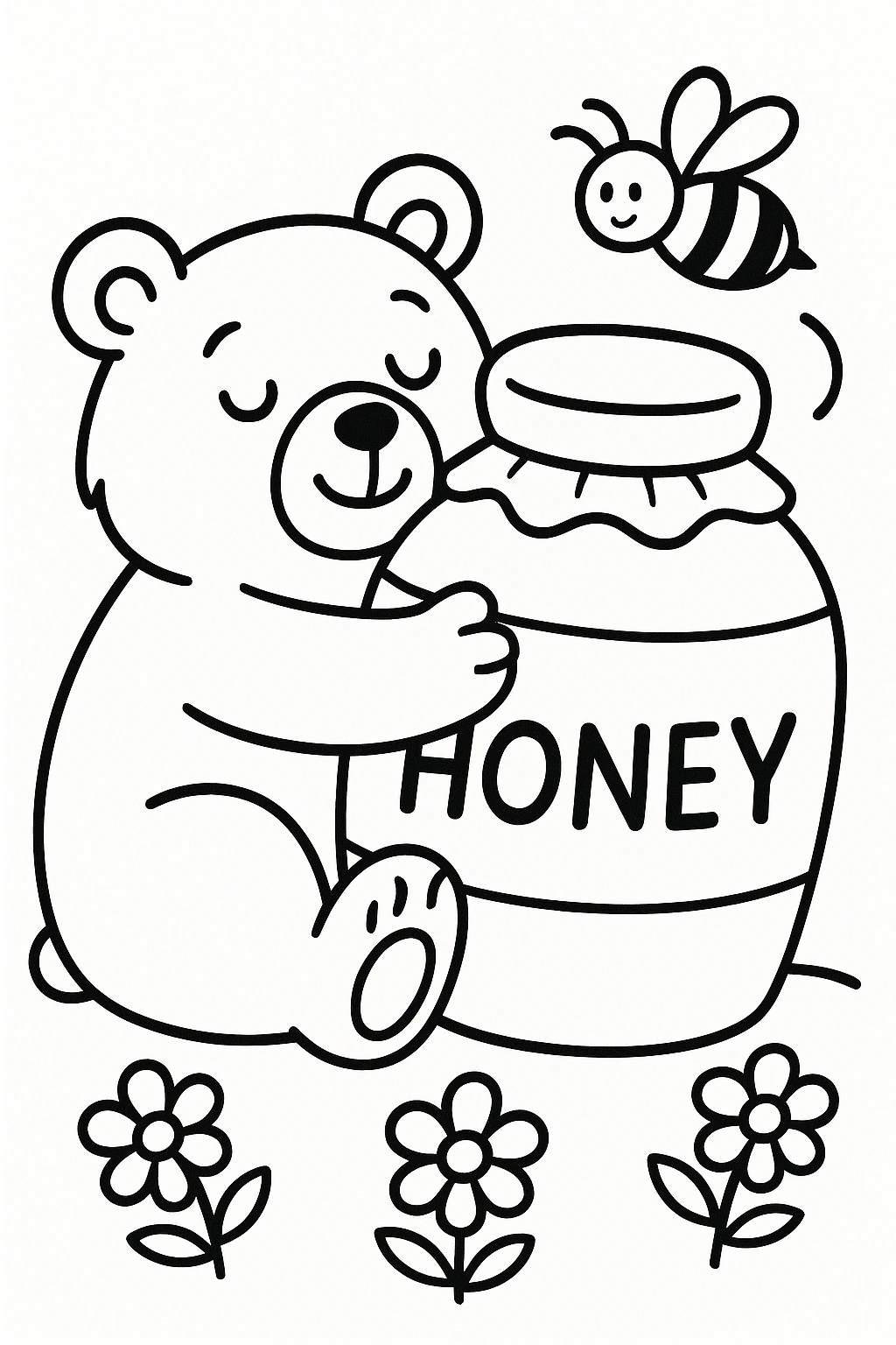 A bear hugging a giant jar of honey with a single bee hovering above and three small flowers at the base, cent — printable coloring page