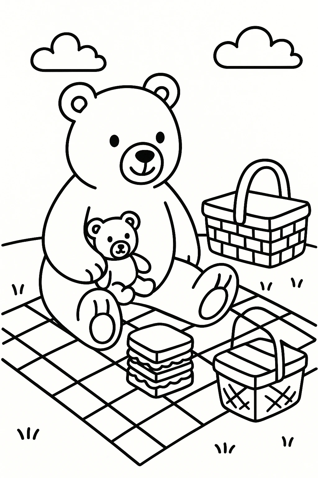 A bear sitting on a blanket with a teddy bear toy, a stacked sandwich, and a picnic basket nearby — printable coloring page