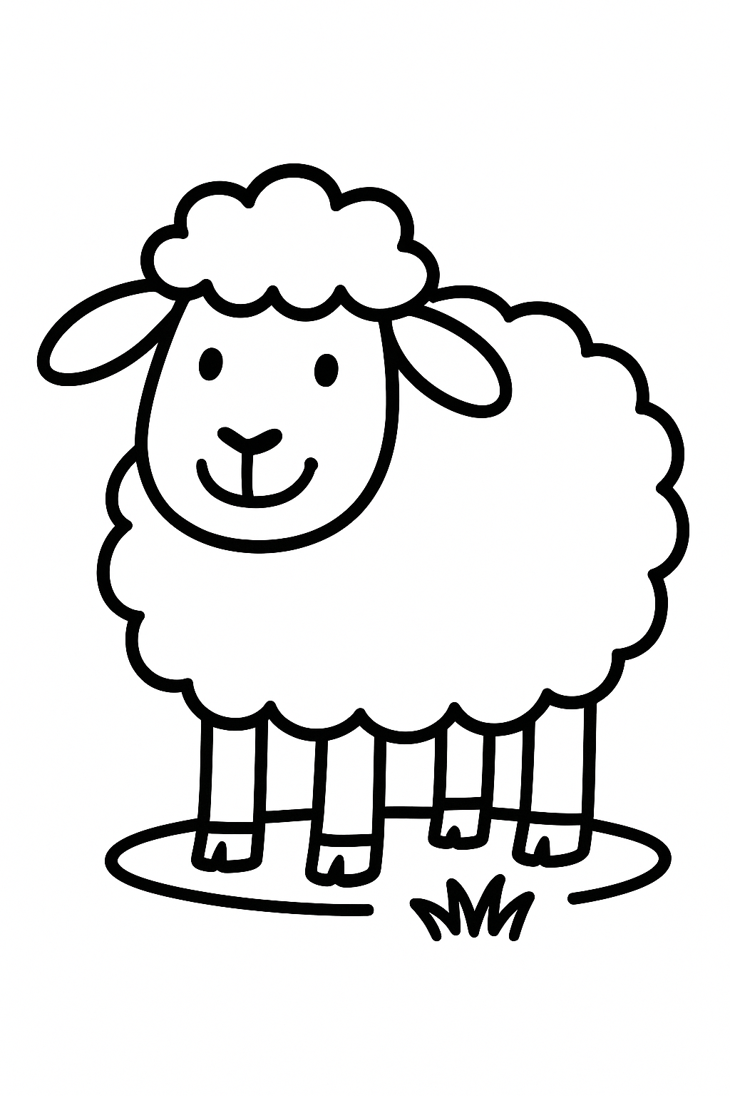 A big fluffy sheep standing in the center of the page, smiling, with a tiny tuft of grass beneath its feet — printable coloring page