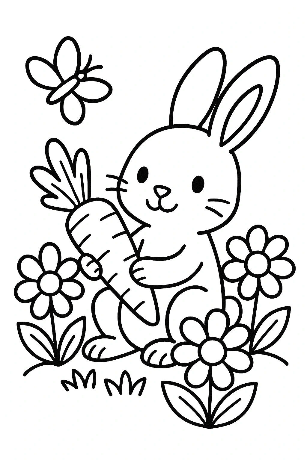 A bunny holding a large carrot while sitting in a patch of three big flowers, with one butterfly above and emp — printable coloring page