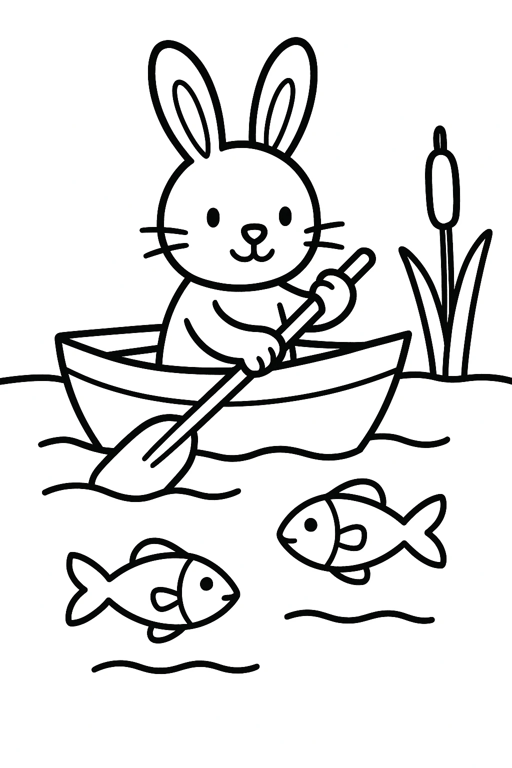 A bunny in a simple boat on a pond, holding an oar, with two fish below the surface and one cattail at the sho — printable coloring page