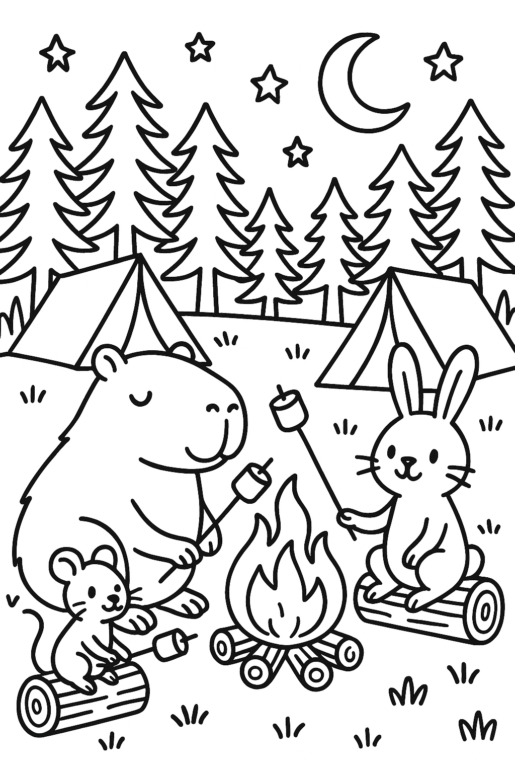 A capybara and two small animal friends relaxing around a campfire at night, with tents, logs, marshmallows on — printable coloring page