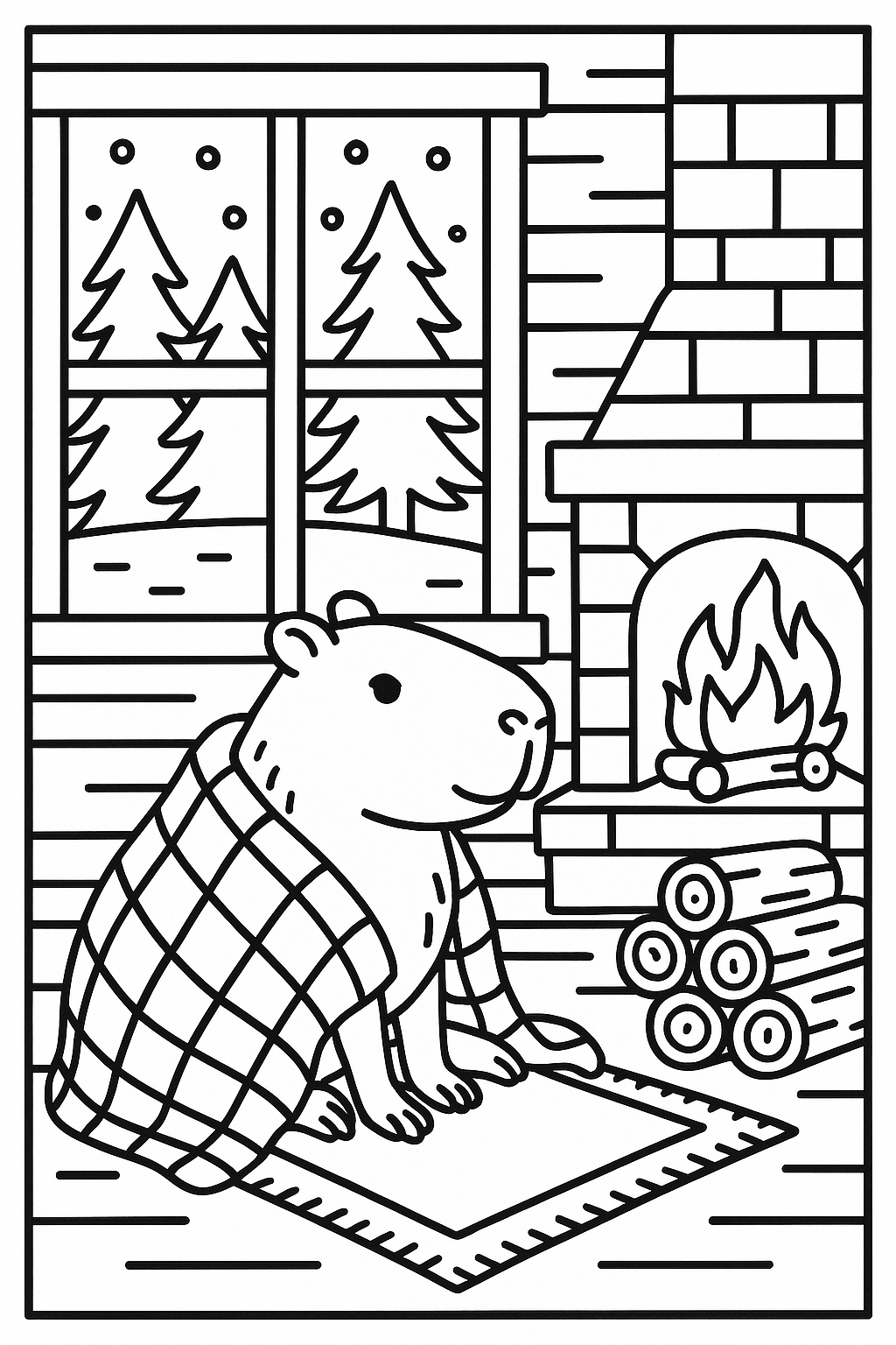 A capybara at a snowy cabin window, sitting by a fireplace with a blanket, stacked logs, a rug, and pine trees — printable coloring page