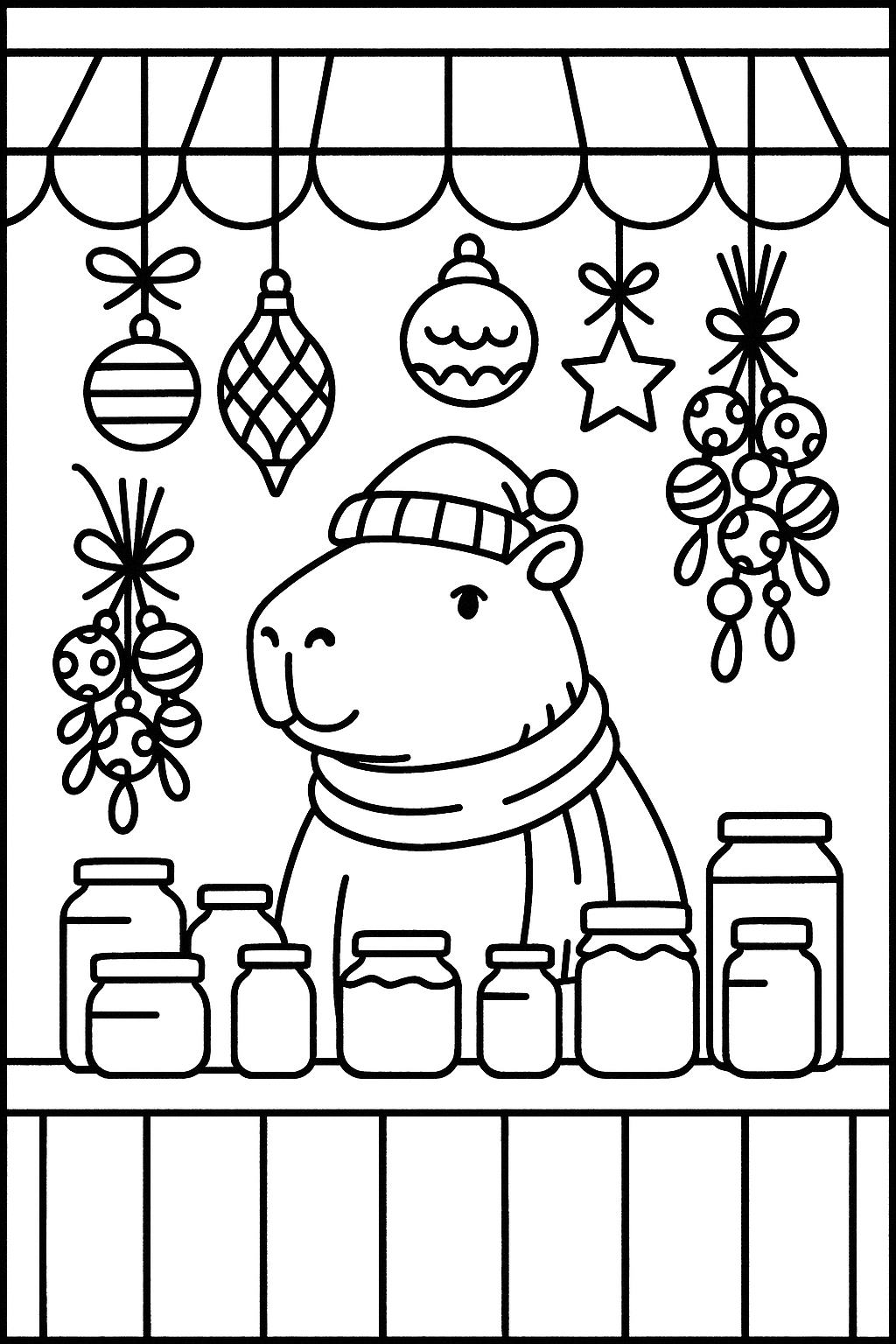 A capybara at a winter market stall, with a table of jars, hanging lanterns, bundled decorations, and a small — printable coloring page