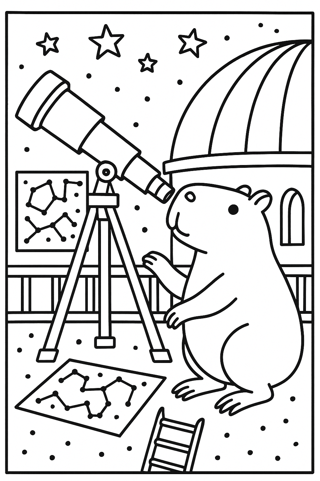 A capybara at an observatory, looking through a telescope beside a dome roof, star charts, a ladder, and a rai — printable coloring page