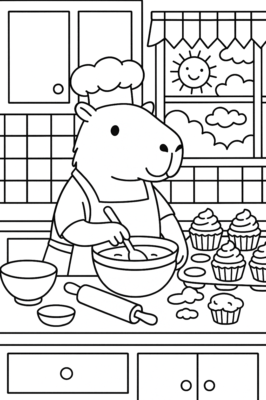 A capybara baking in a cheerful kitchen, standing beside a countertop with mixing bowls, cupcakes, a rolling p — printable coloring page