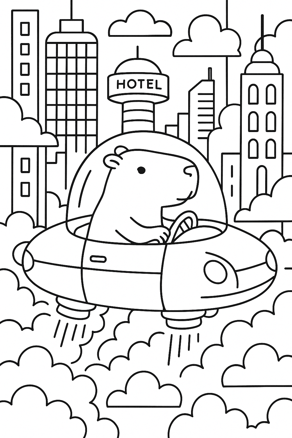 A capybara driving a flying car through a futuristic city, with tall buildings, rounded windows, hovering plat — printable coloring page
