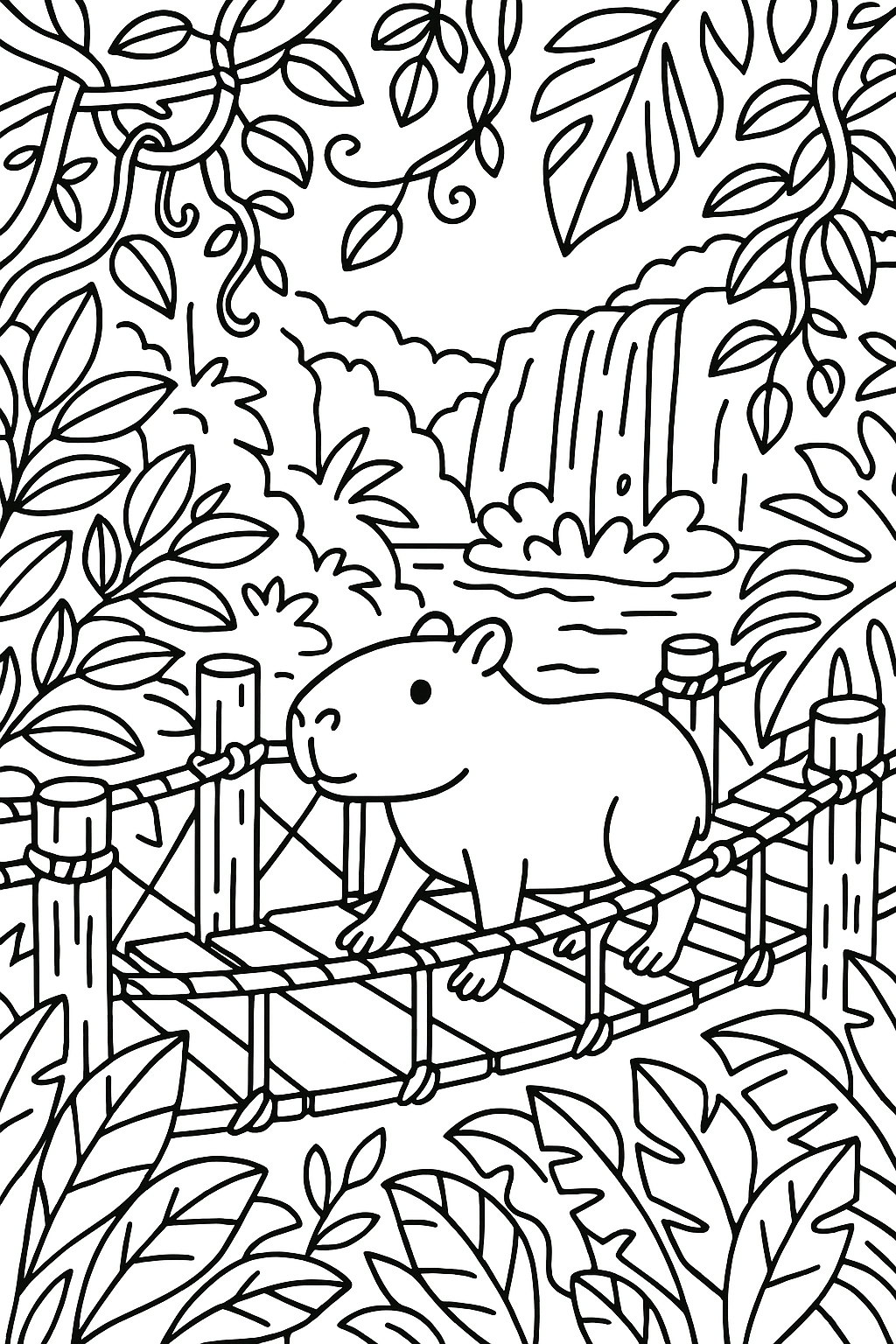 A capybara exploring a jungle rope bridge, with broad leaves, vines, a waterfall in the distance, and wooden p — printable coloring page