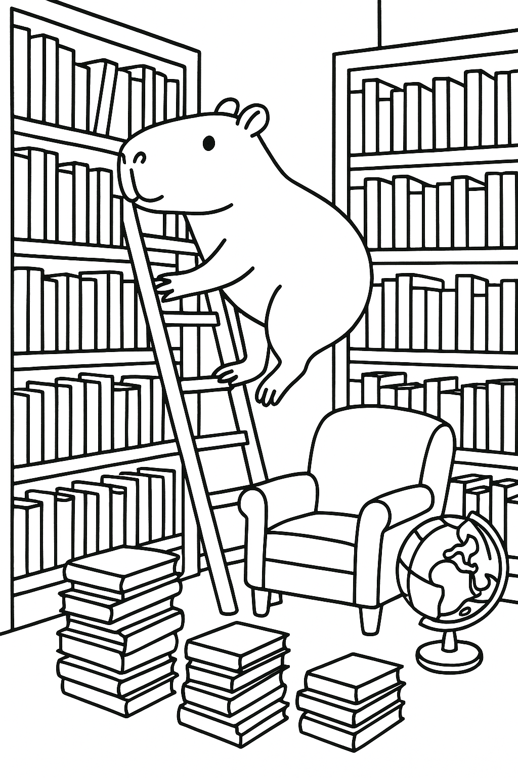 A capybara exploring a library corner, perched on a ladder beside tall bookshelves, with stacked books, a read — printable coloring page