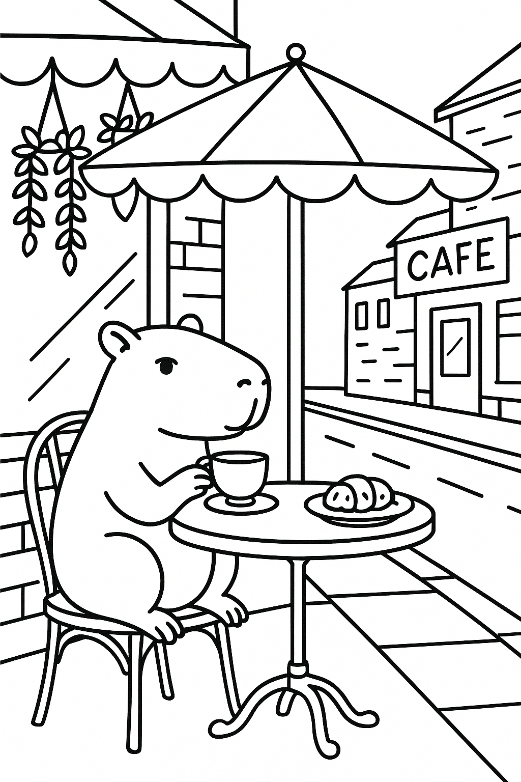A capybara having tea at a small outdoor café table, with a parasol, hanging plants, a pastry plate, and a qui — printable coloring page