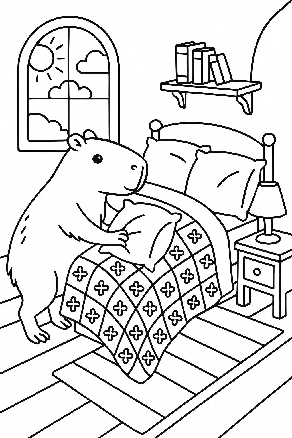 A capybara in a cozy bedroom nook, making a bed with pillows, a quilt, a bedside table, a shelf of books, and — printable coloring page