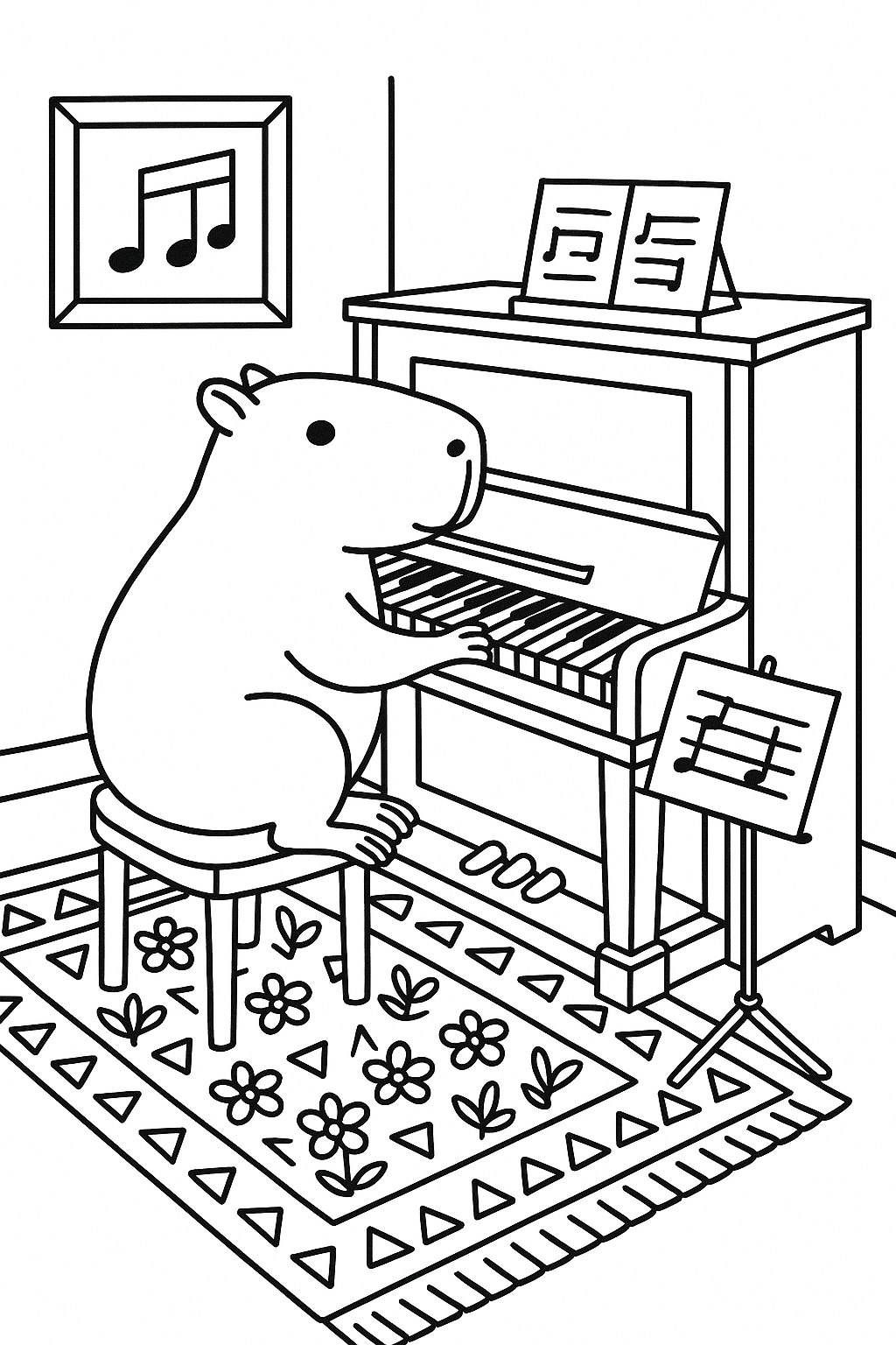 A capybara in a music room, sitting at a piano with a stool, music stand, framed notes on the wall, and a patt — printable coloring page