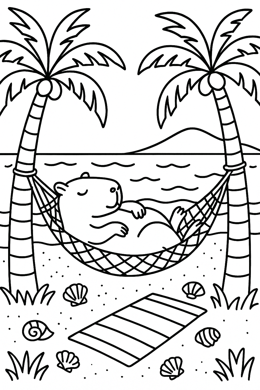 A capybara napping in a hammock between two palm trees on a beach, with shells, a towel, gentle waves, and a s — printable coloring page