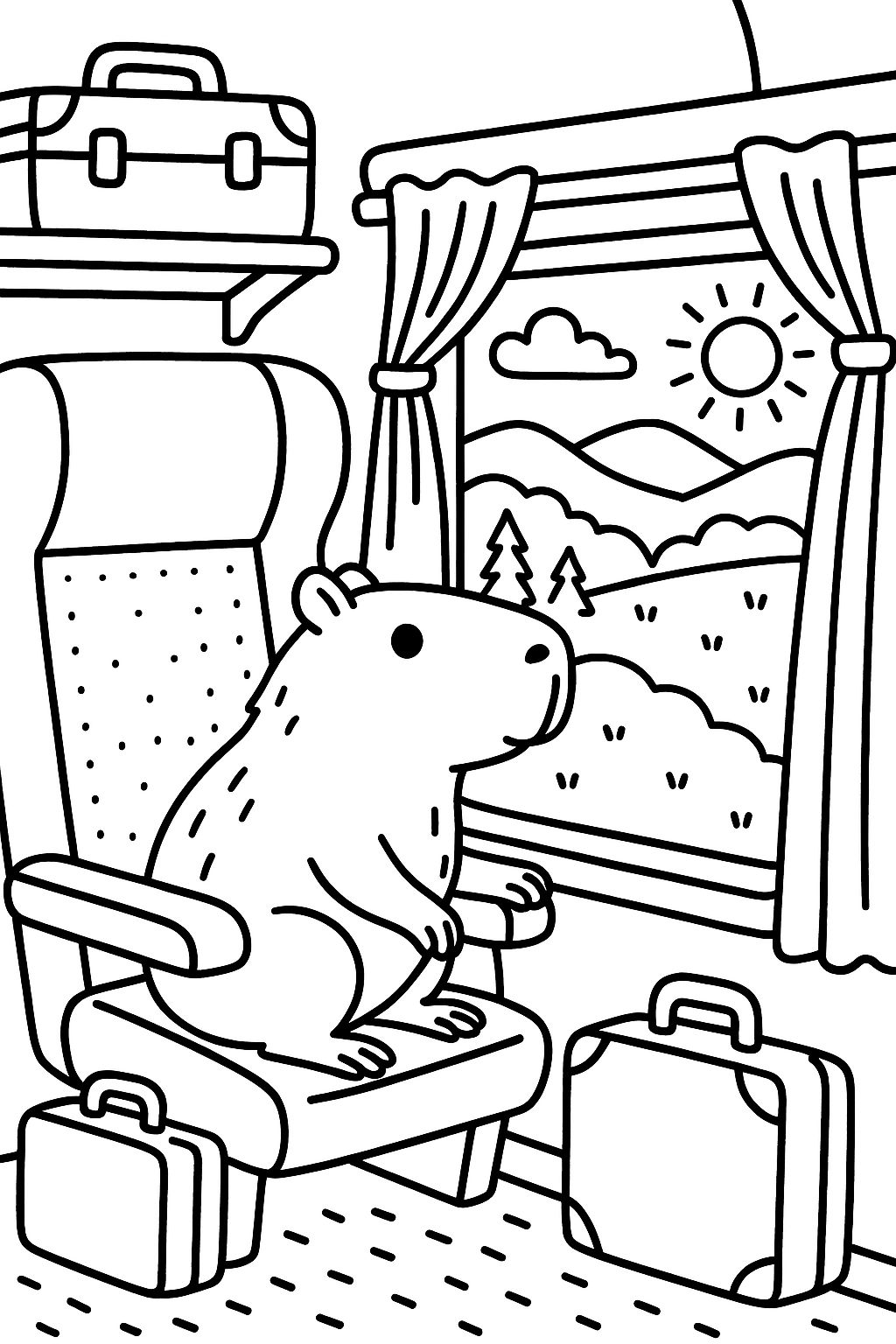 A capybara on a train journey through the countryside, looking out a window beside a seat, with luggage, curta — printable coloring page