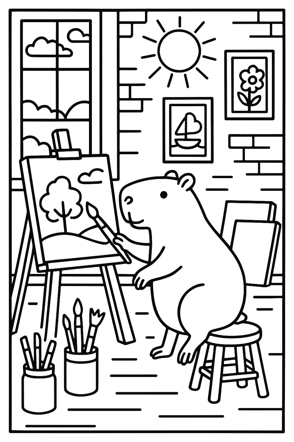 A capybara painting at an easel in a sunlit studio, with jars of brushes, canvases, a stool, and framed pictur — printable coloring page