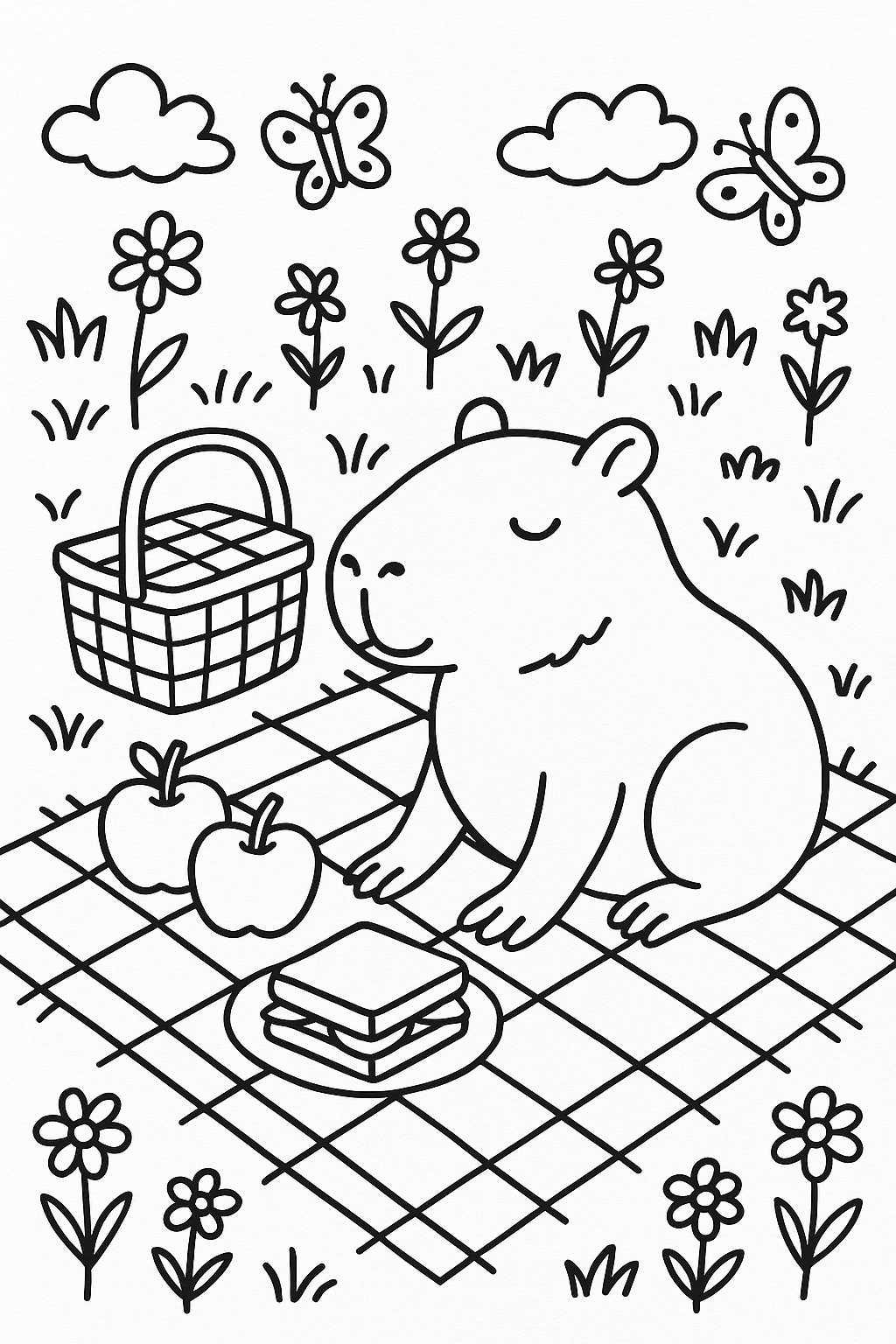 A capybara picnicking in a meadow, with a blanket, basket, apples, sandwiches, butterflies, and a few wildflow — printable coloring page