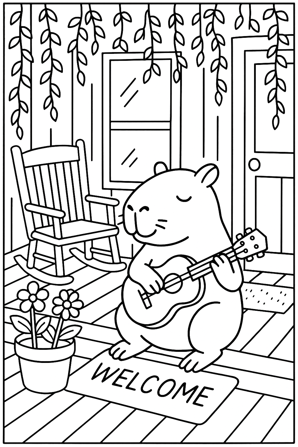 A capybara playing a small guitar on a porch, with a rocking chair, potted flowers, a doormat, and hanging vin — printable coloring page