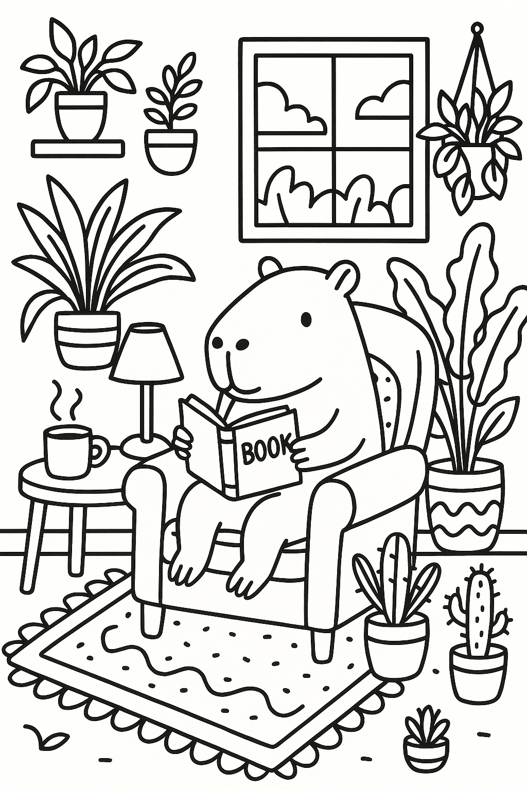 A capybara reading a book in a cozy plant-filled living room, with a cushioned chair, potted plants, a side ta — printable coloring page
