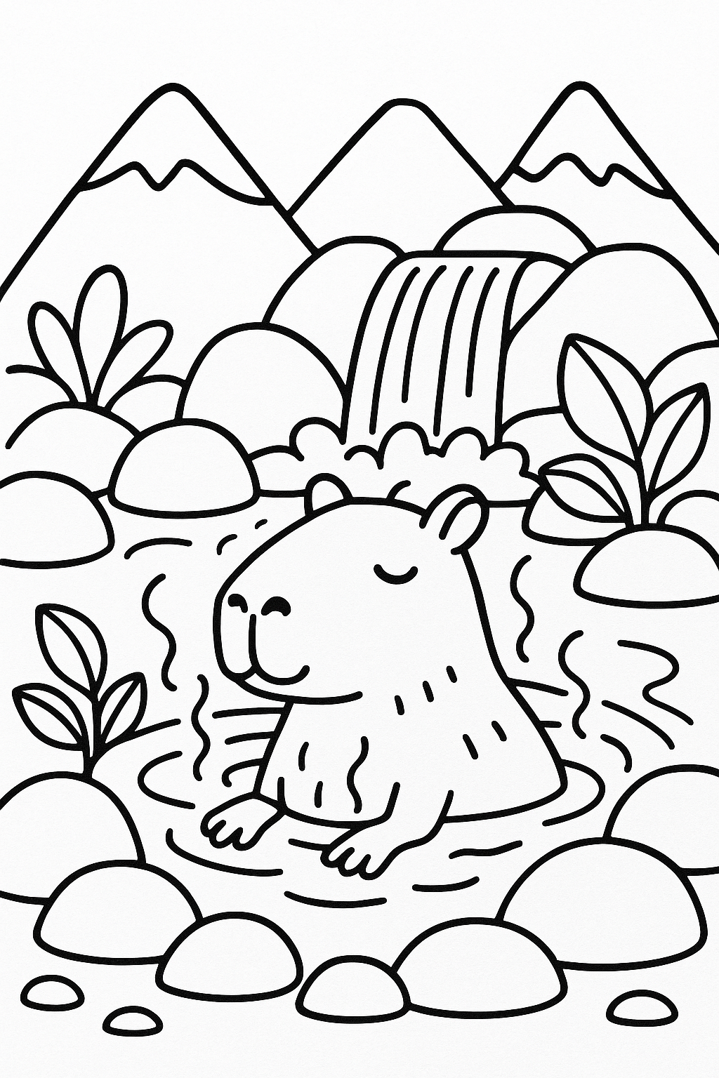 A capybara relaxing in a steaming natural hot spring beneath a small waterfall, with smooth rocks, a few broad — printable coloring page