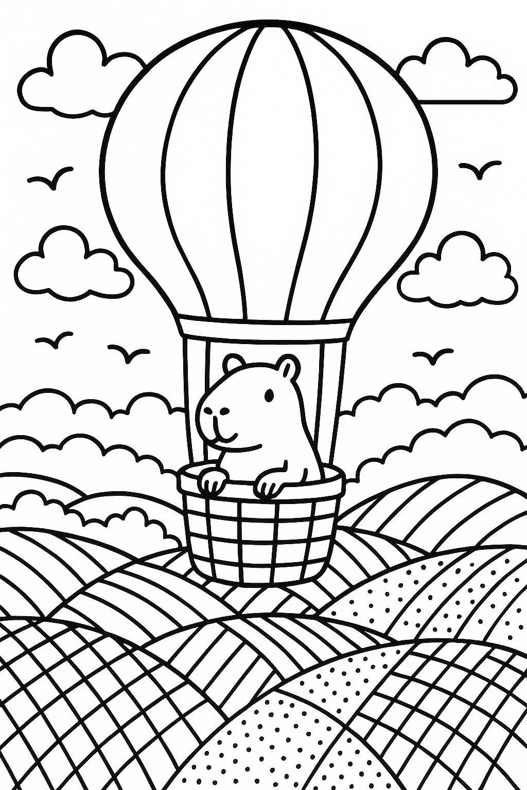 A capybara riding in a hot-air balloon basket above rolling hills, with clouds, birds, and a patchwork landsca — printable coloring page