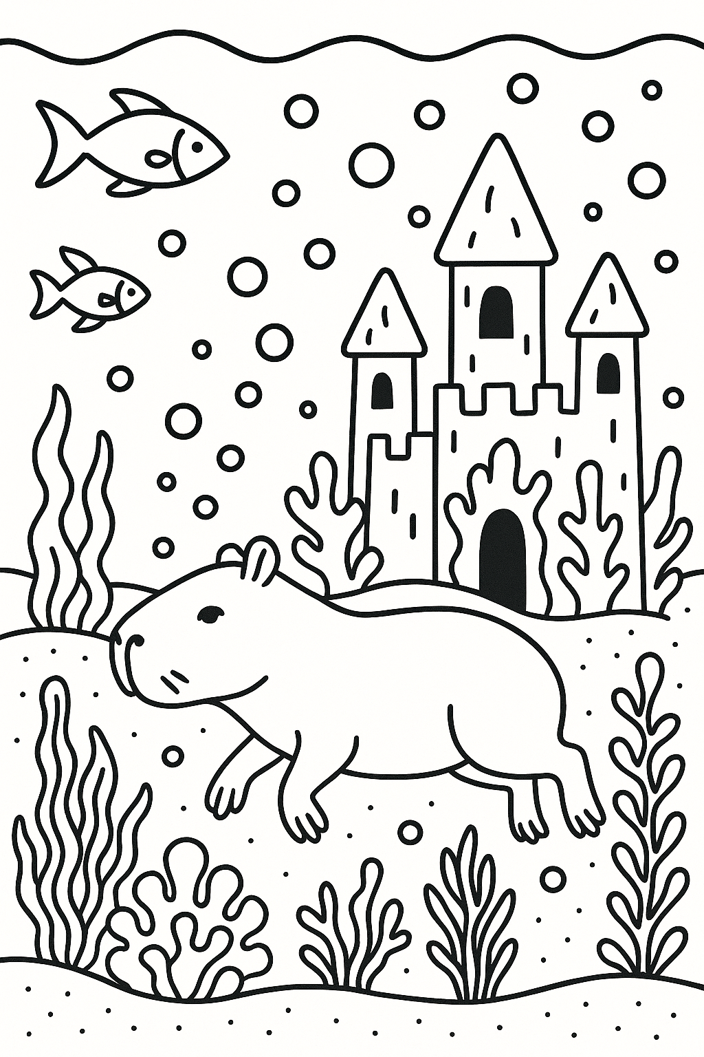 A capybara swimming underwater beside a coral castle, with fish, sea plants, bubbles, and a sandy seafloor — printable coloring page