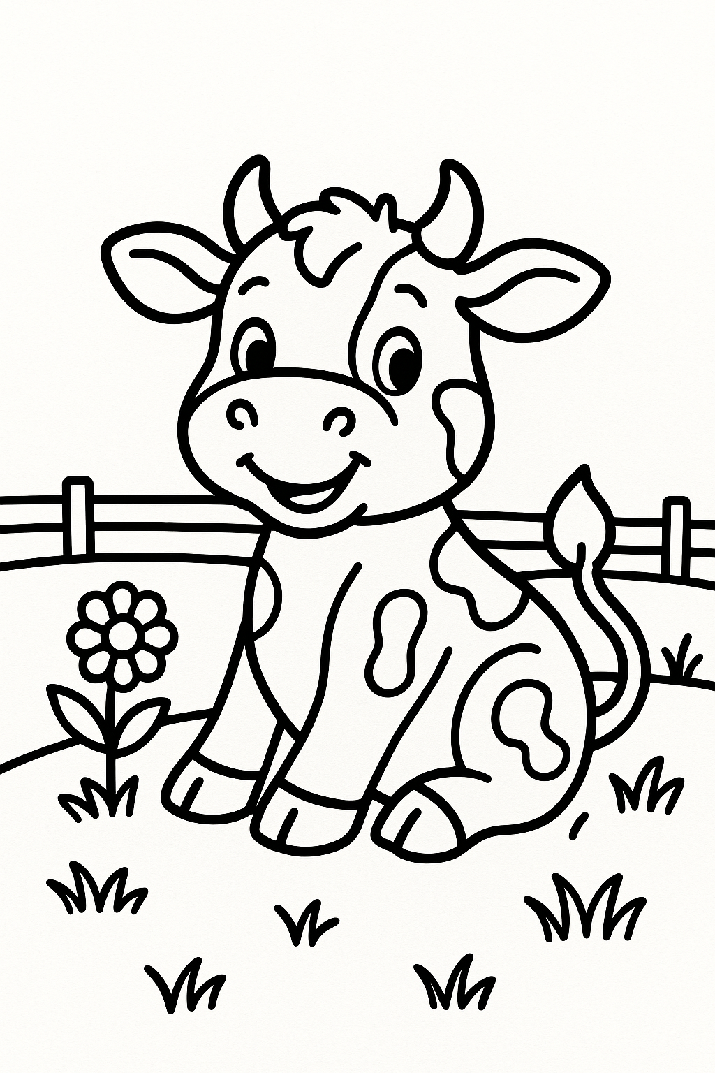 A cheerful cow calf sitting in a meadow, with a single flower cluster and a distant fence line — printable coloring page