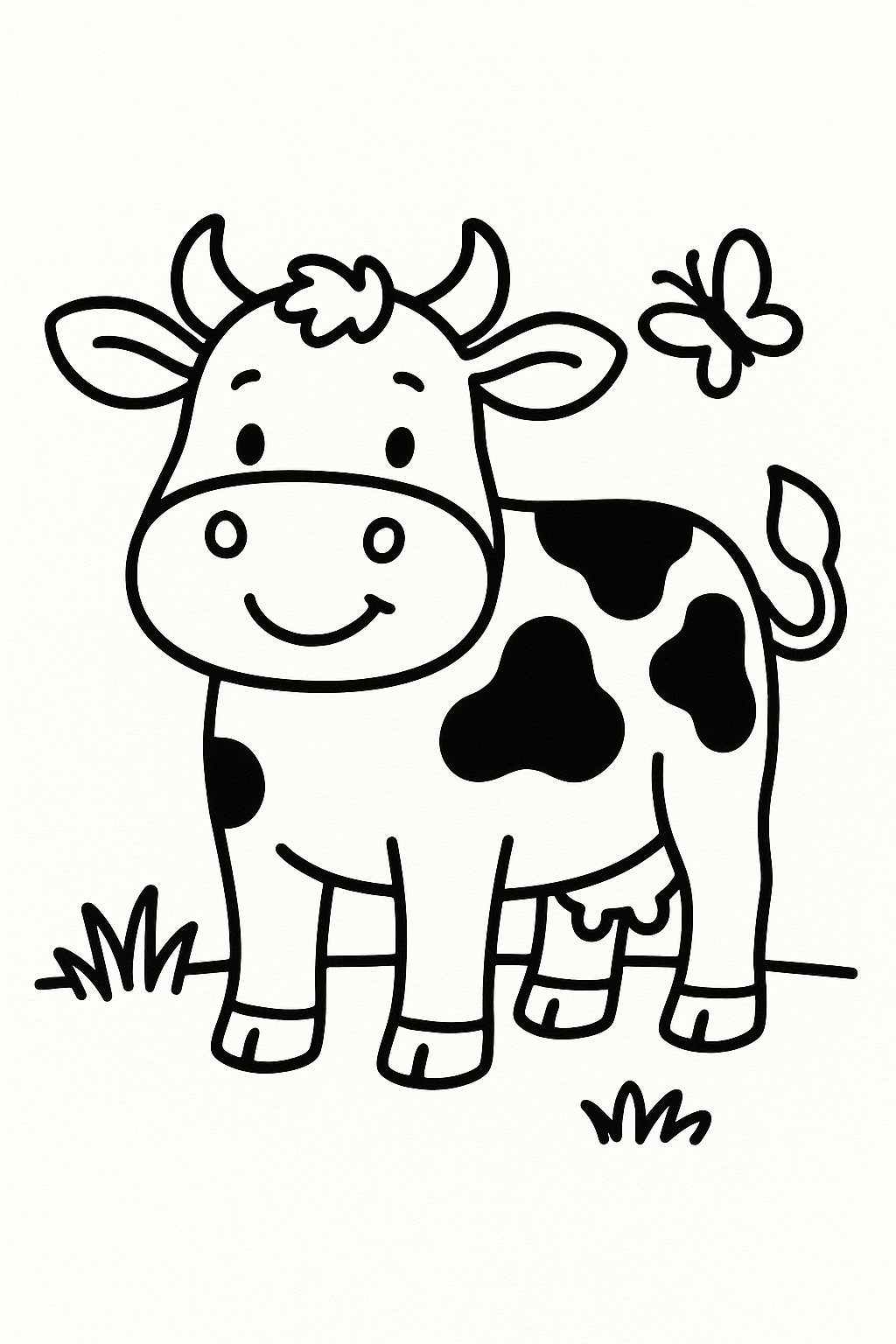 A cheerful cow standing front and center, with a simple patch of grass and one small butterfly nearby — printable coloring page