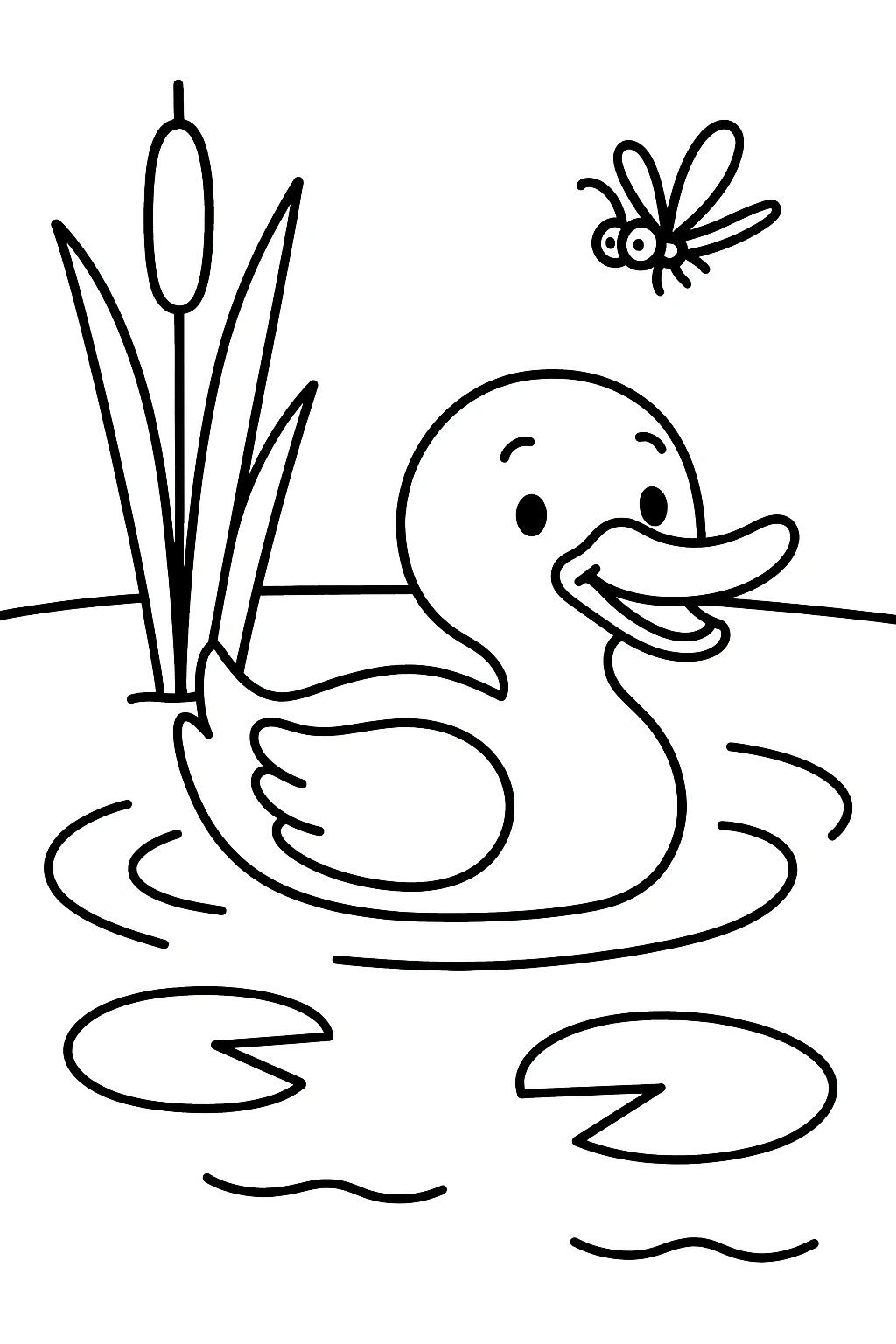 A cheerful duck floating in a pond with two lily pads, a reed cluster, and a small dragonfly nearby — printable coloring page