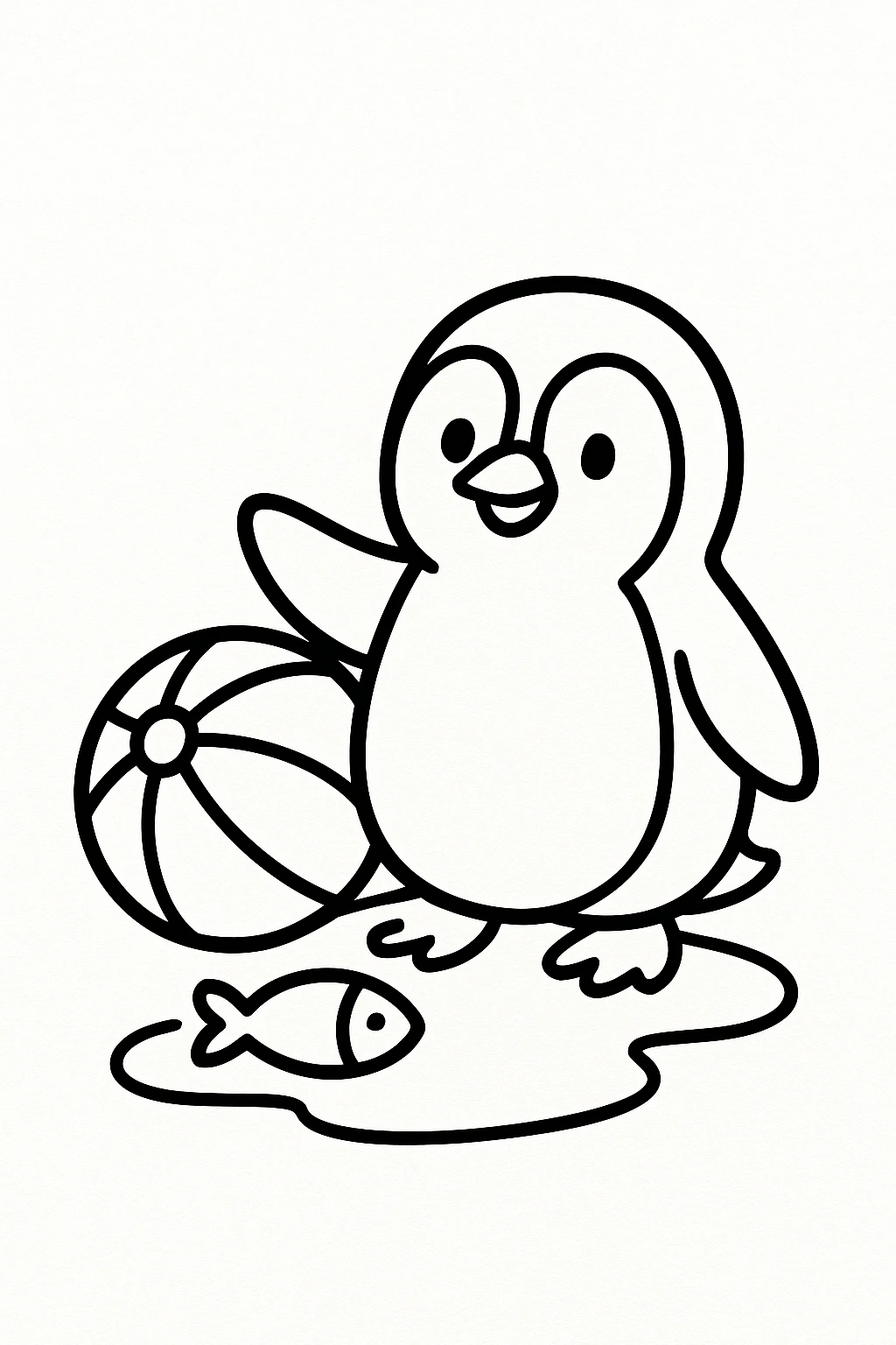 A cheerful penguin standing beside a striped beach ball, with one fish-shaped toy and a small puddle shape und — printable coloring page