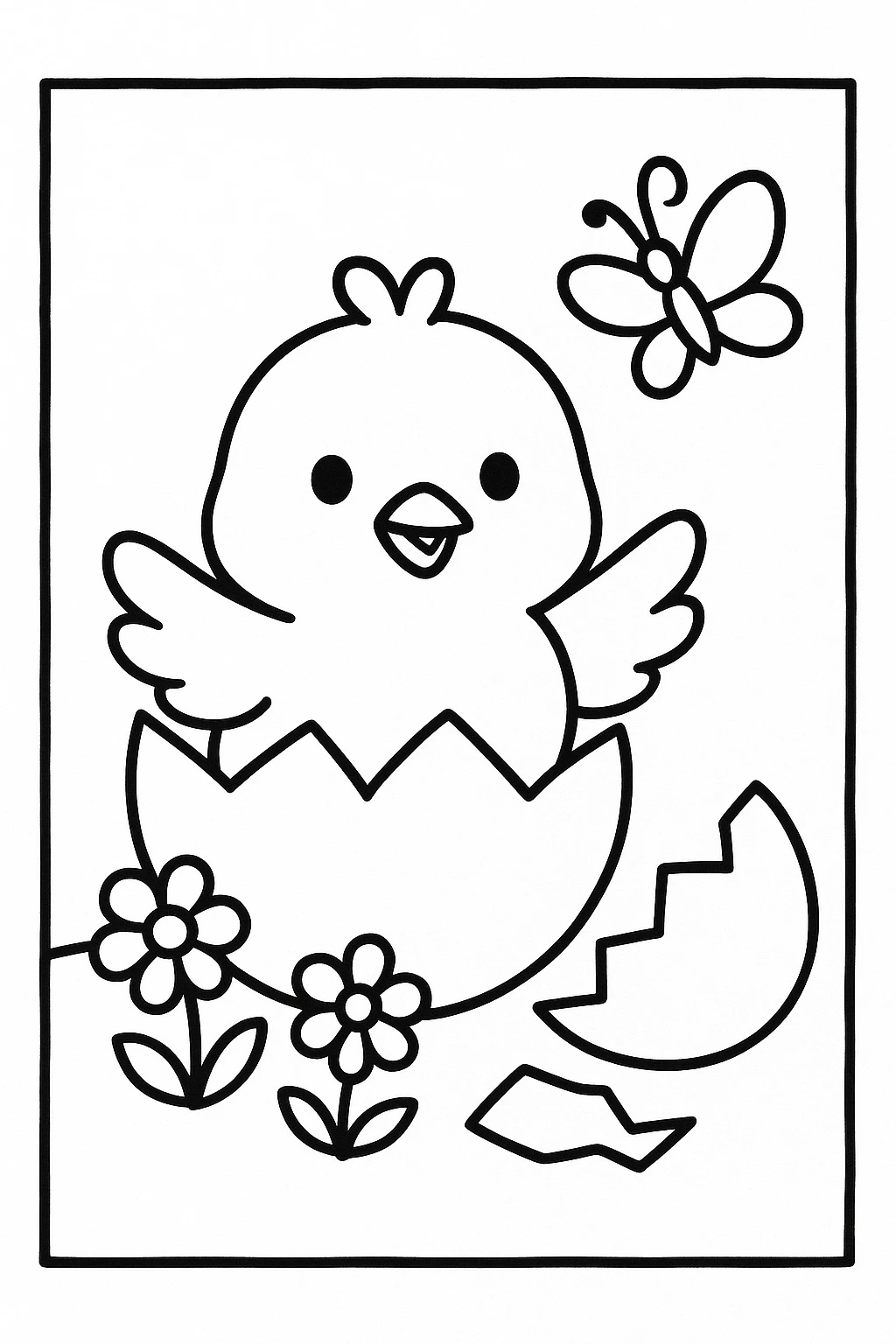 A chick popping out of a cracked egg shell, with two tiny flowers and one butterfly nearby, using broad shapes — printable coloring page