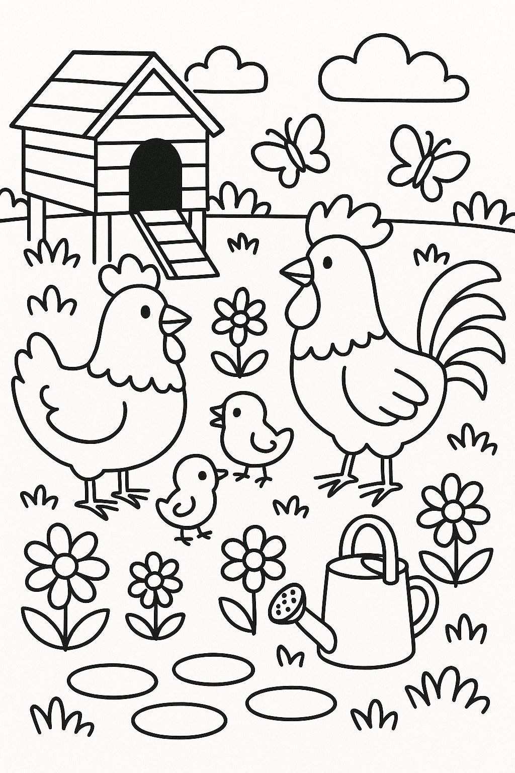 A chicken family exploring a flower-filled yard, with a coop, stepping stones, butterflies, and a watering can — printable coloring page