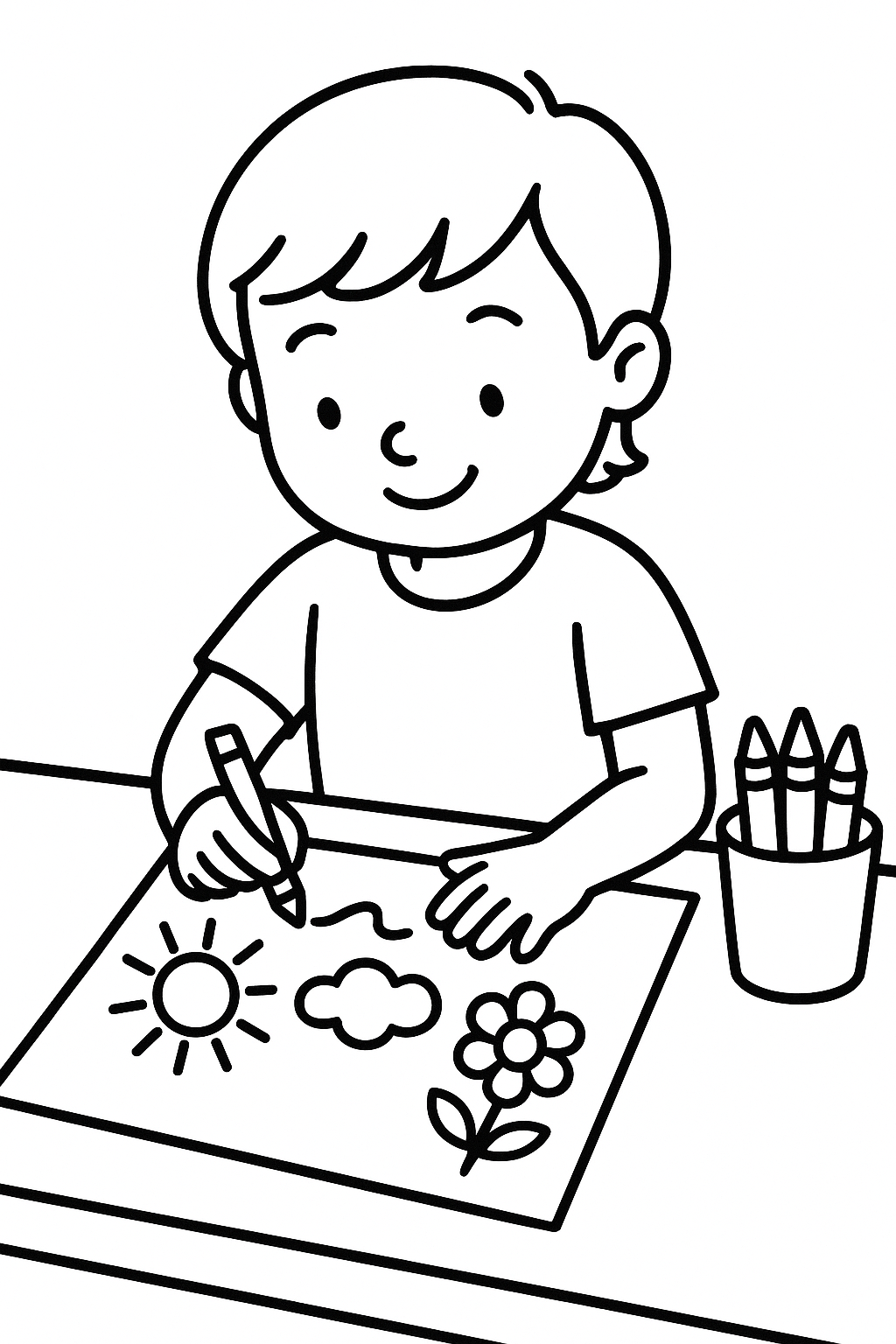 A child at a table drawing with crayons on a large sheet of paper, with a cup of crayons beside the paper — printable coloring page