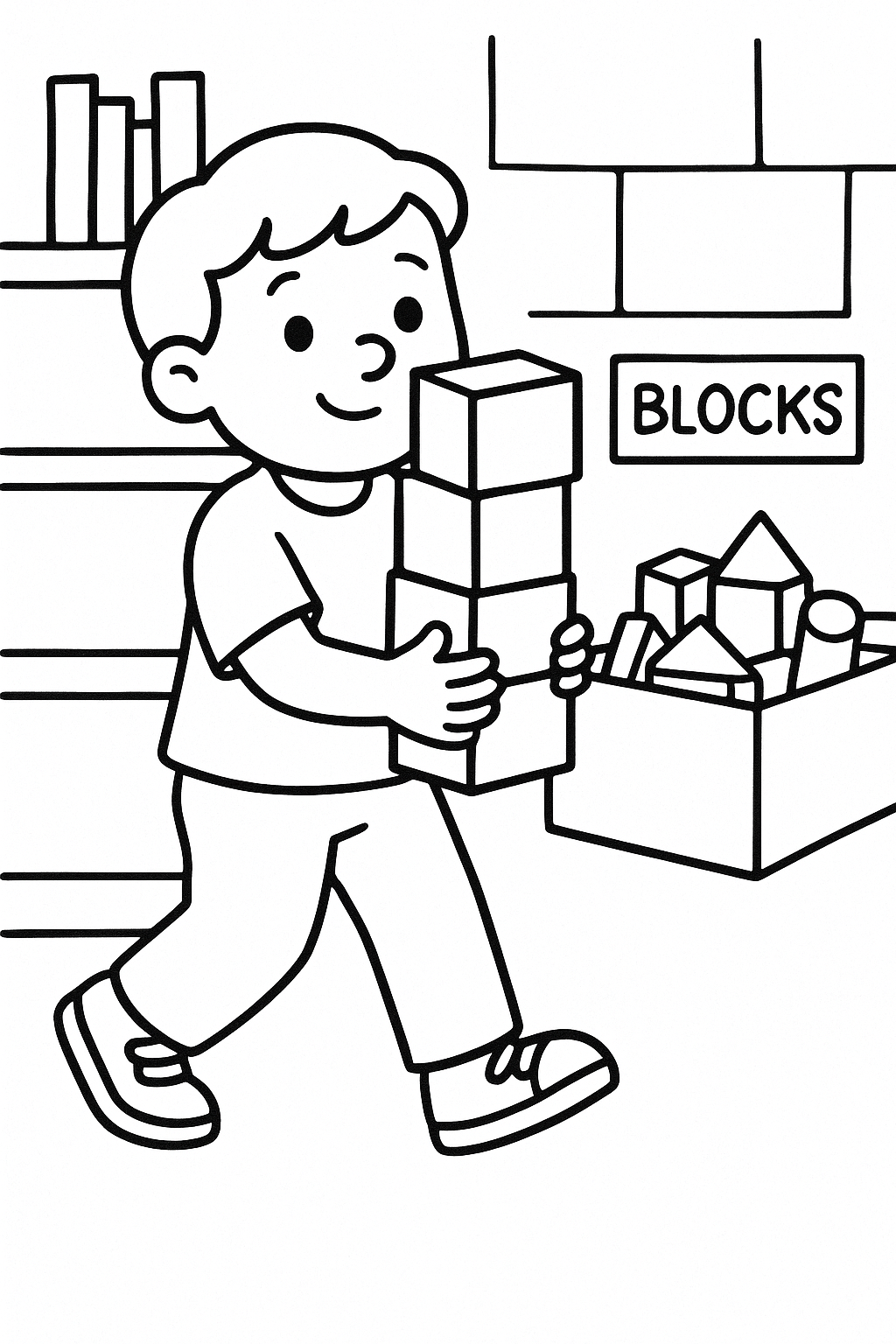 A child carrying a stack of building cubes across the classroom toward a block area — printable coloring page
