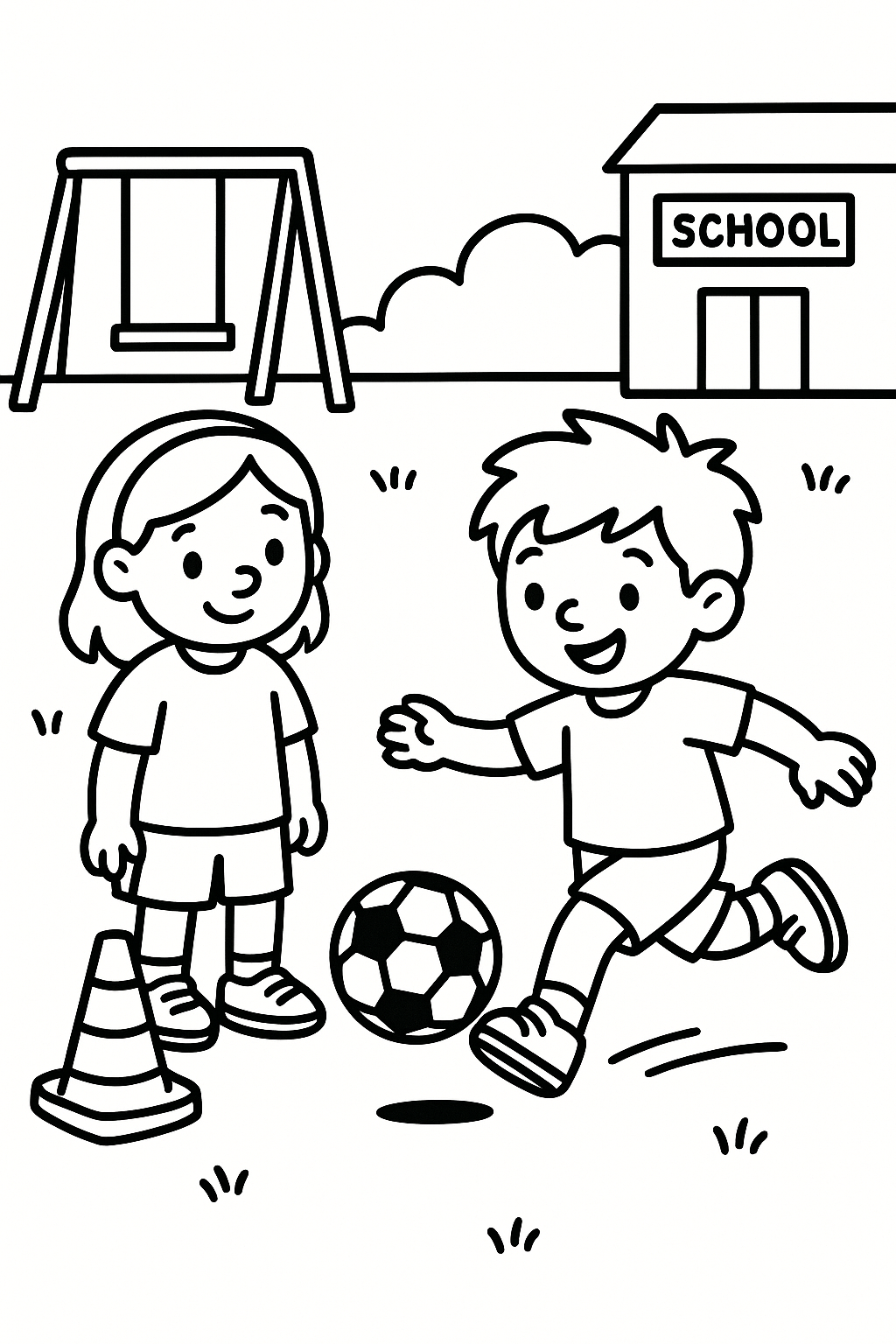 A child kicking a ball on the playground while another child waits beside a cone — printable coloring page