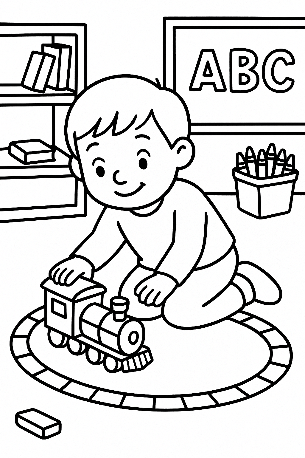 A child playing with a toy train on a floor track in the classroom — printable coloring page
