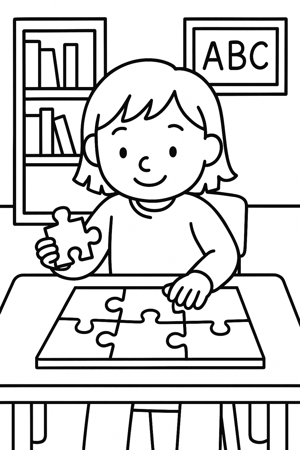 A child putting puzzle pieces into a simple floor puzzle at a classroom table — printable coloring page