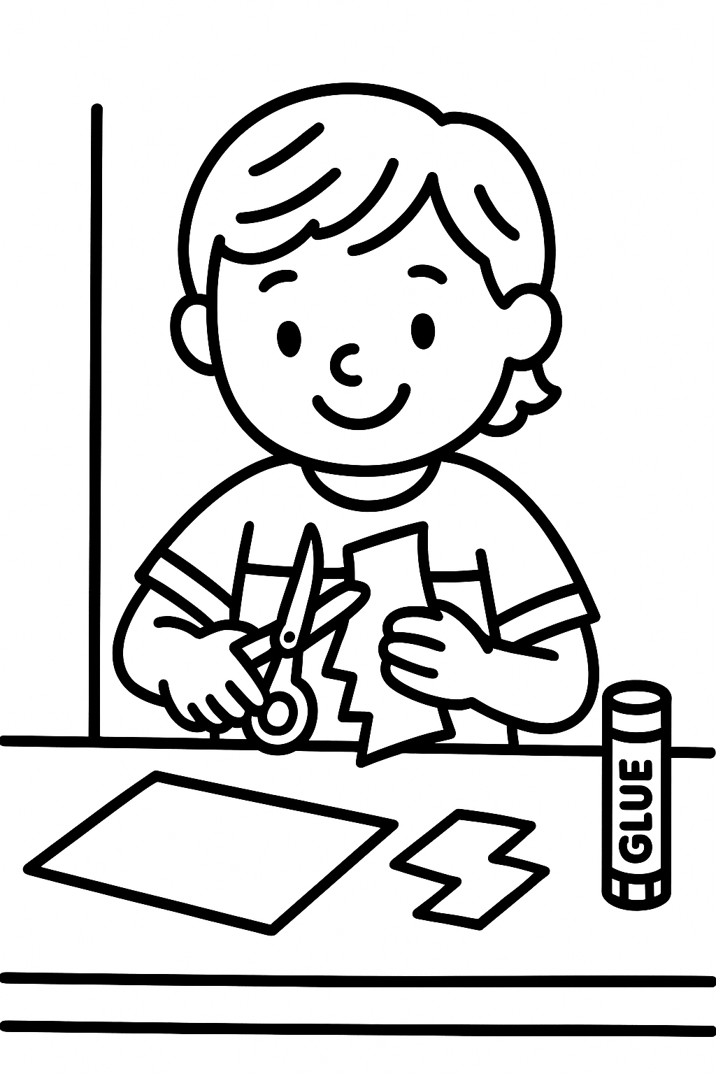 A child sitting at a table cutting paper with child-safe scissors, with a glue stick nearby — printable coloring page