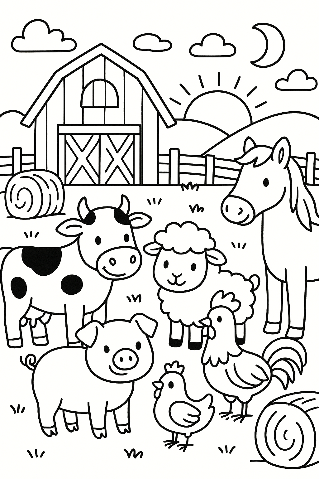 A cozy sunset farm scene with all the friendly animals gathered in front of the barn, surrounded by hay bales, — printable coloring page