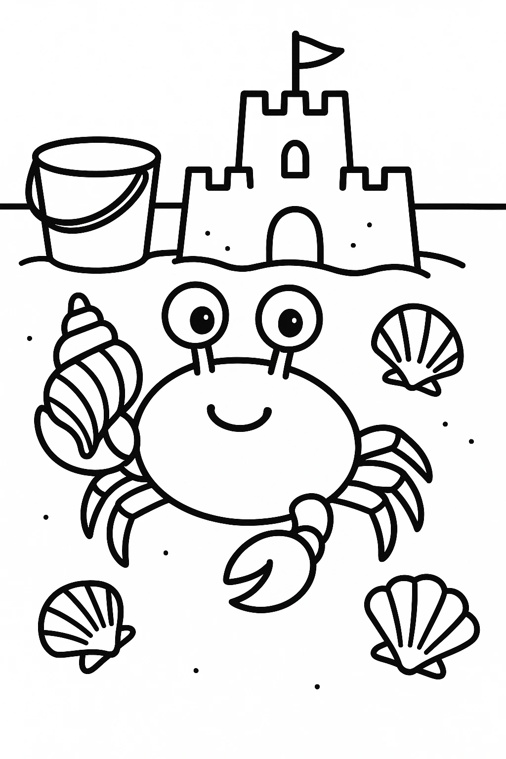 A crab holding a seashell in front of a simple sandcastle, with one bucket and two shells nearby, all shapes k — printable coloring page