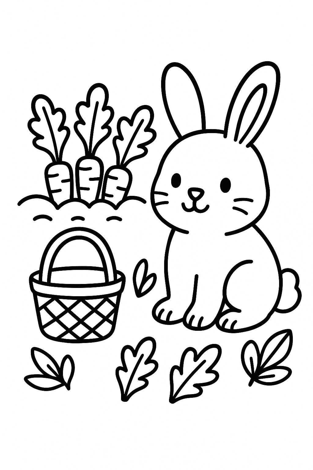 A cuddly rabbit sitting beside a carrot patch, with one basket and a few leaves around it — printable coloring page