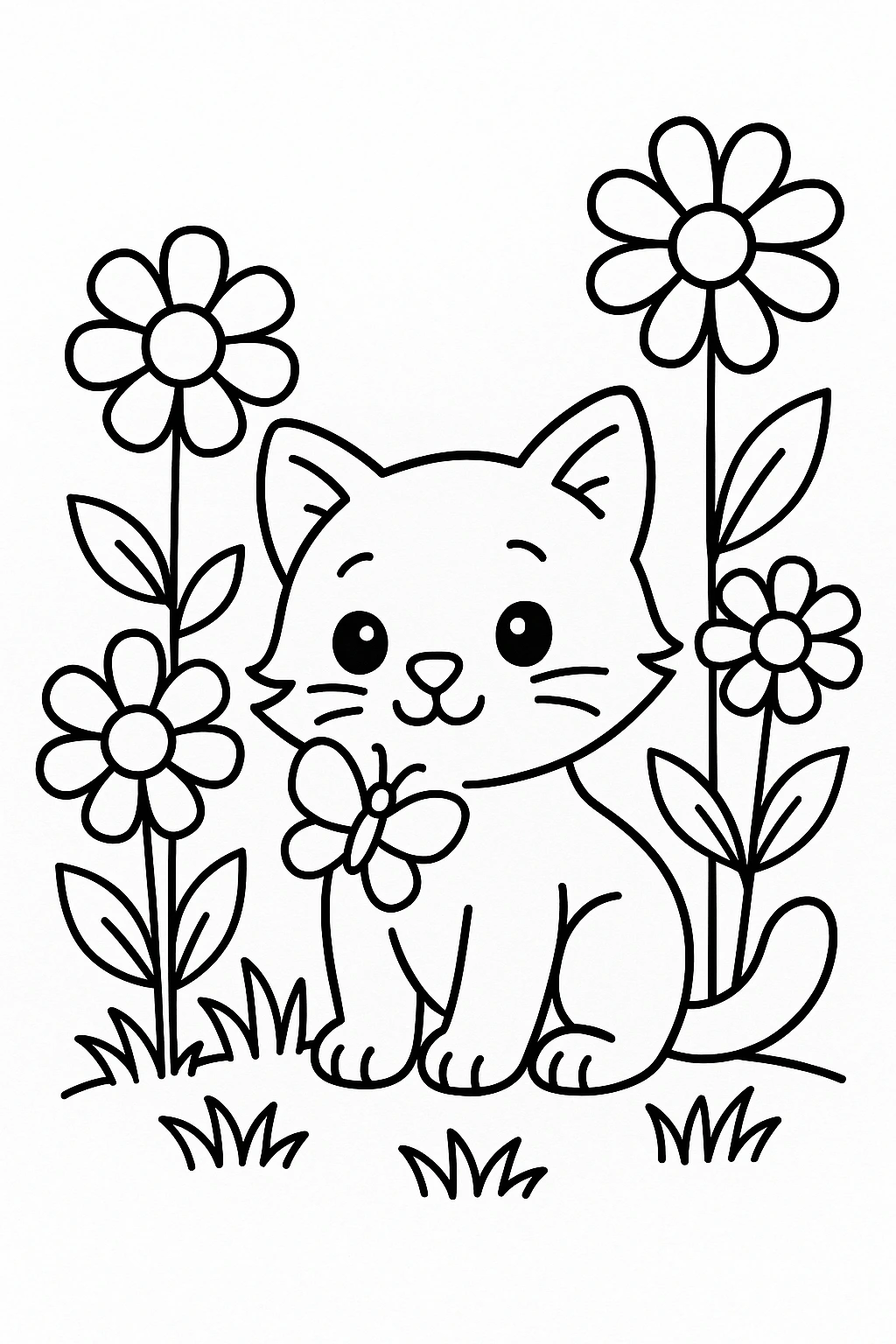 A cute kitten sitting in the center of a simple flower garden, holding one butterfly in front of it, with thre — printable coloring page