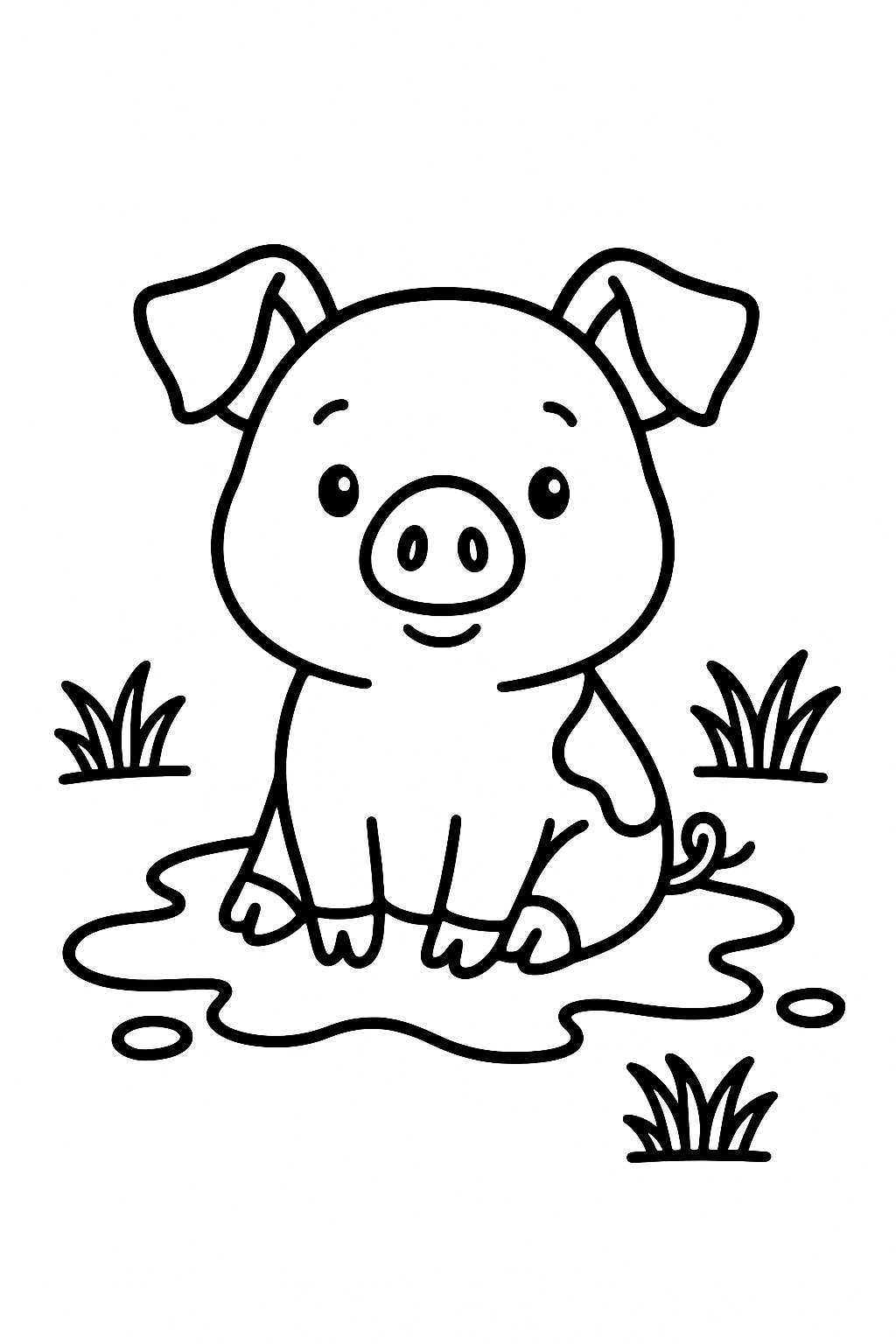 A cute piglet sitting in the middle of the page, with a mud puddle shape and a few grass tufts around it — printable coloring page