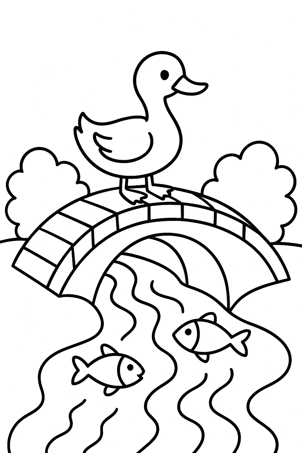 A duck standing on a small bridge over a stream, with two fish in the water and a round bush on each side — printable coloring page
