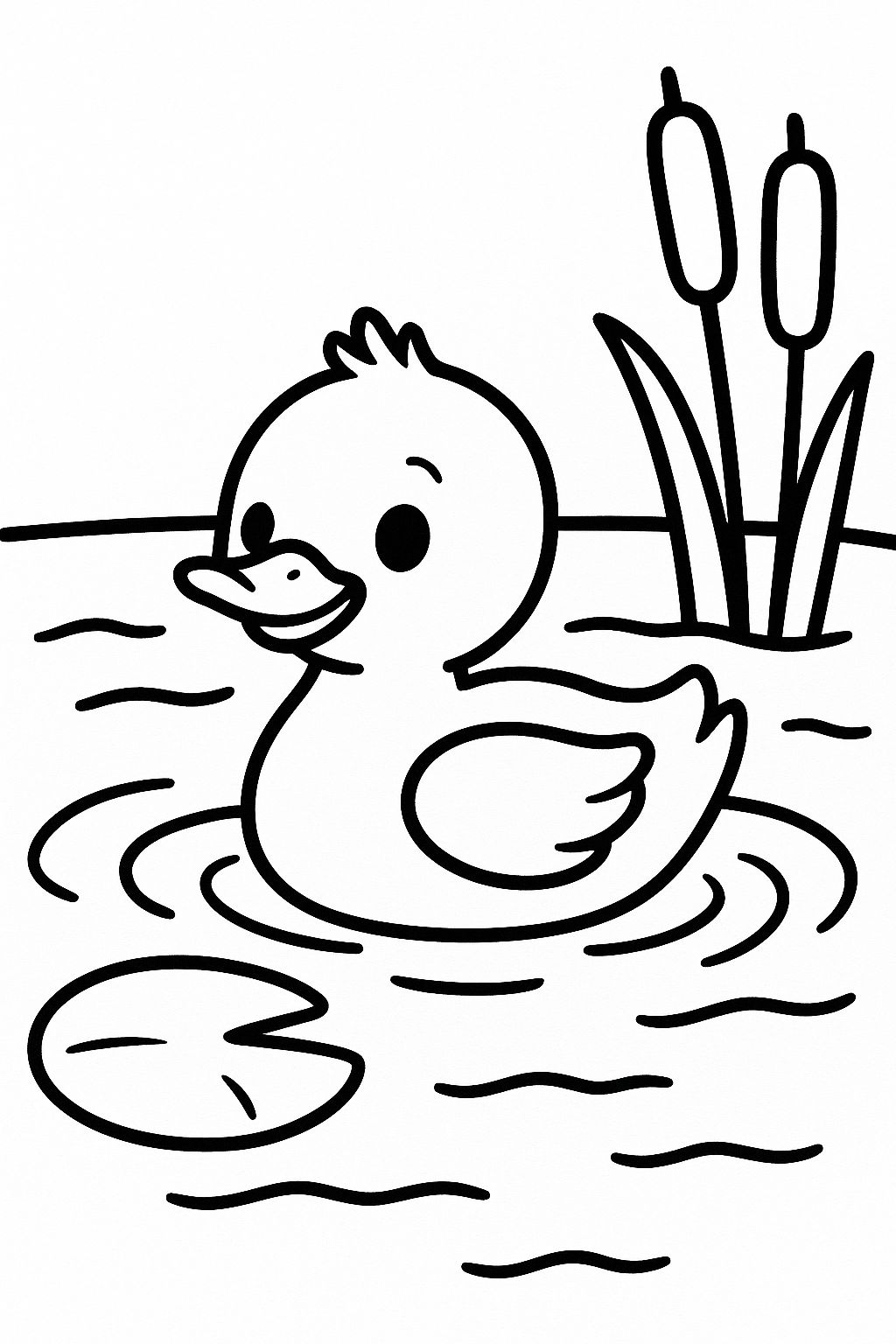 A duckling floating in a small pond, with one lily pad and a couple of reeds nearby — printable coloring page