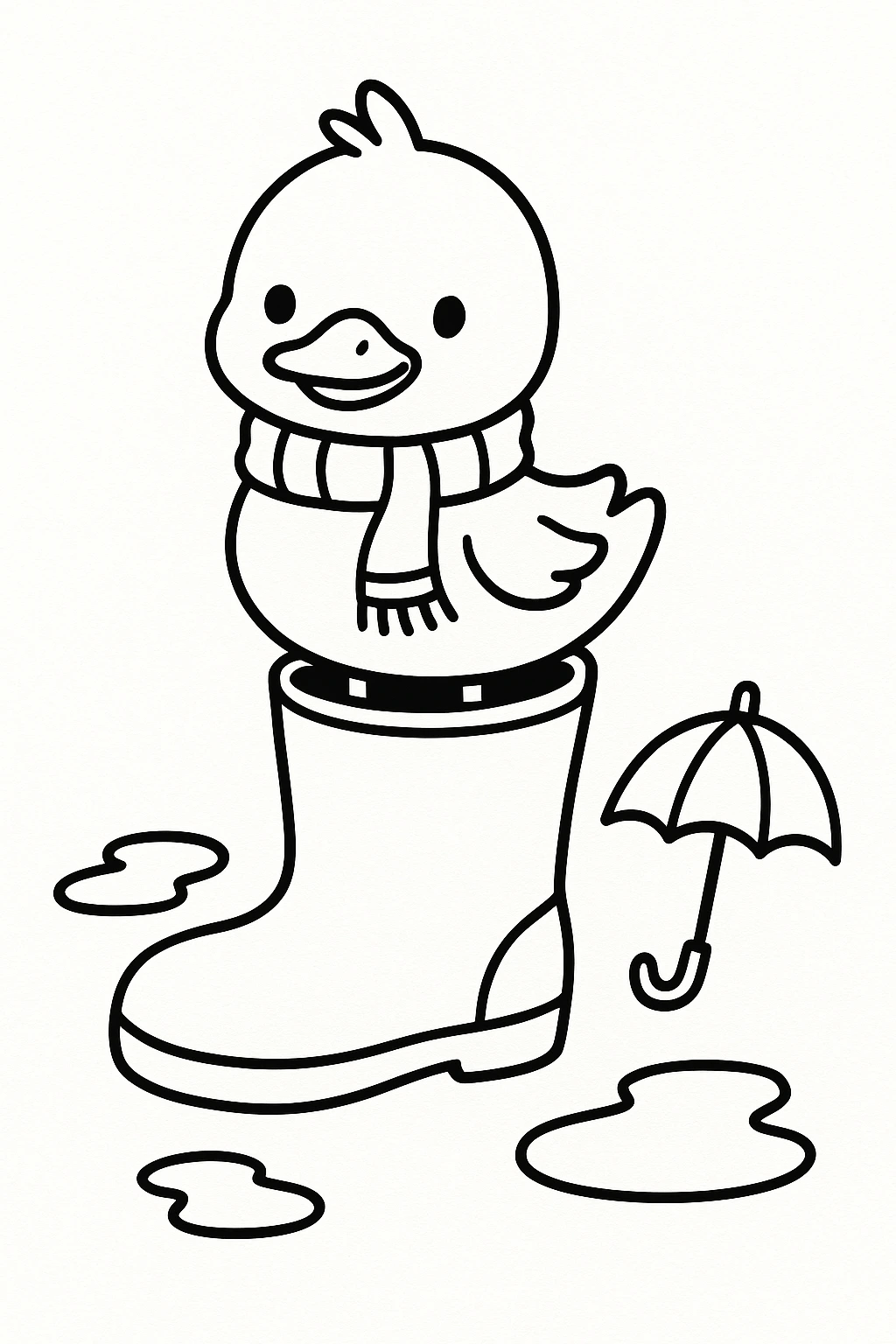 A duckling wearing a scarf while standing in a rubber boot, with two raindrop-shaped puddles and a small umbre — printable coloring page